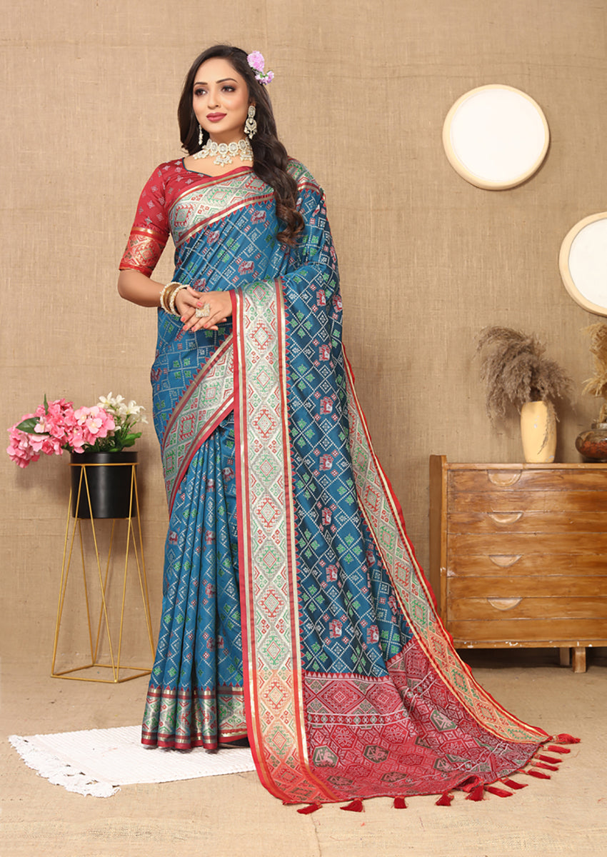 Rama Patola Silk Saree with Zari Meenakari Woven Pallu