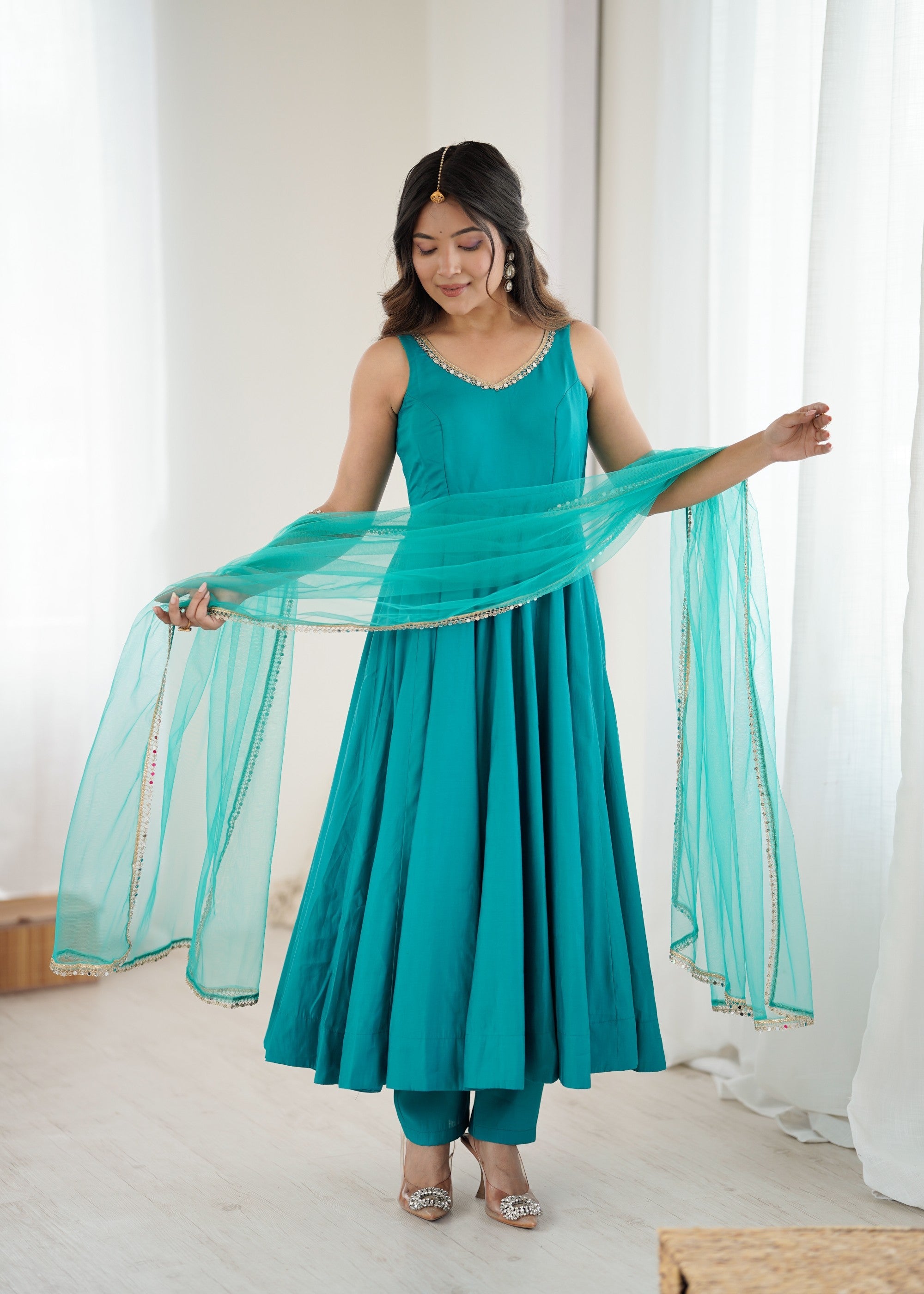 Rama Pure Roman Silk Chanderi Anarkali Kurta Set with Lace Work