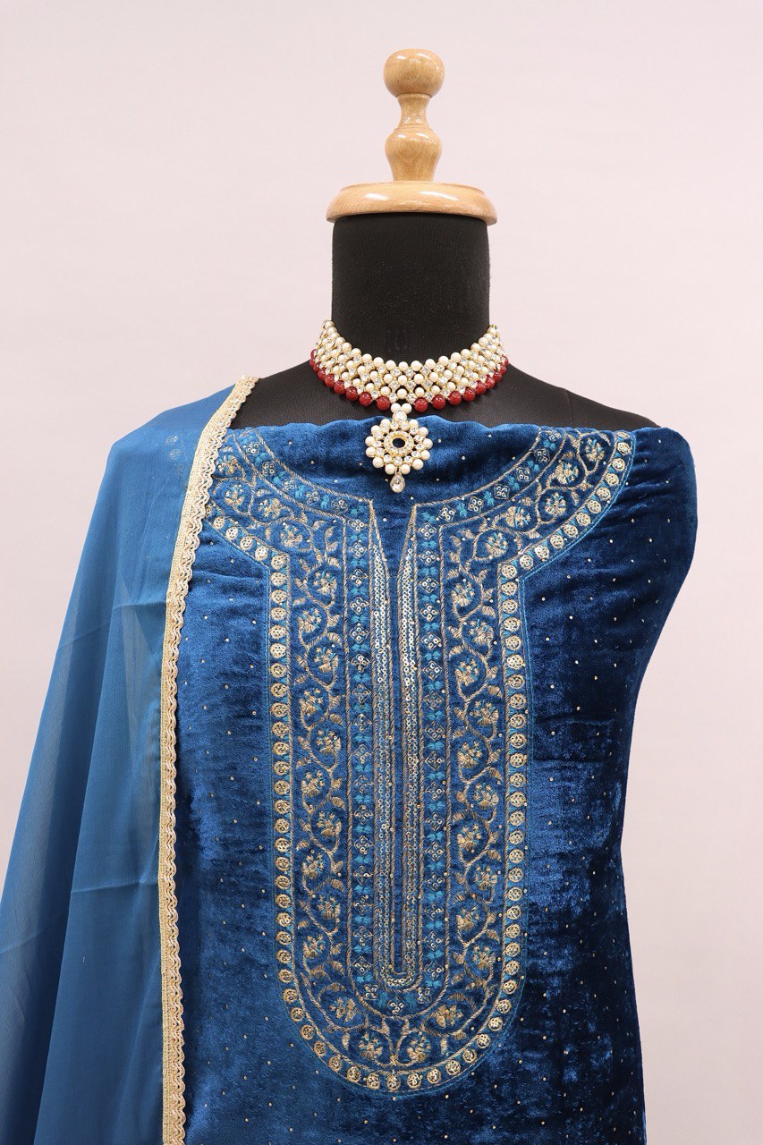 Rama Velvet Embroidered Unstitched Salwar Suit Material with Chinon
