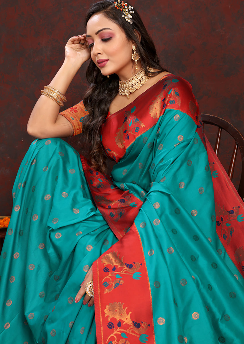 Rama Soft Paithani Silk Saree with Rich Zari Meenakari Weaving