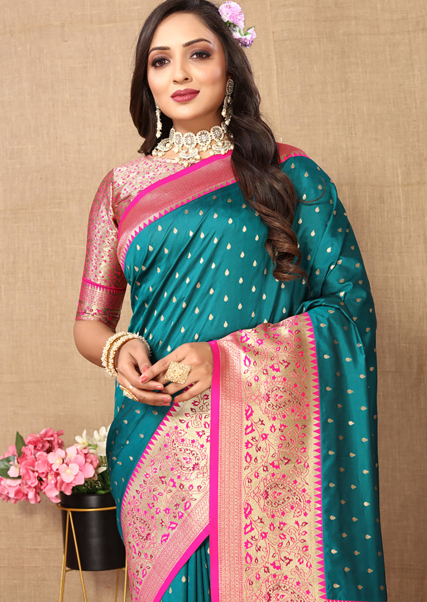 Rama Soft Silk Saree with Rich Zari Weaving and Contrast Border