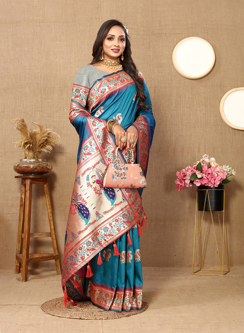 Rama Soft Paithani Silk Saree with Rich Meenakari Zari