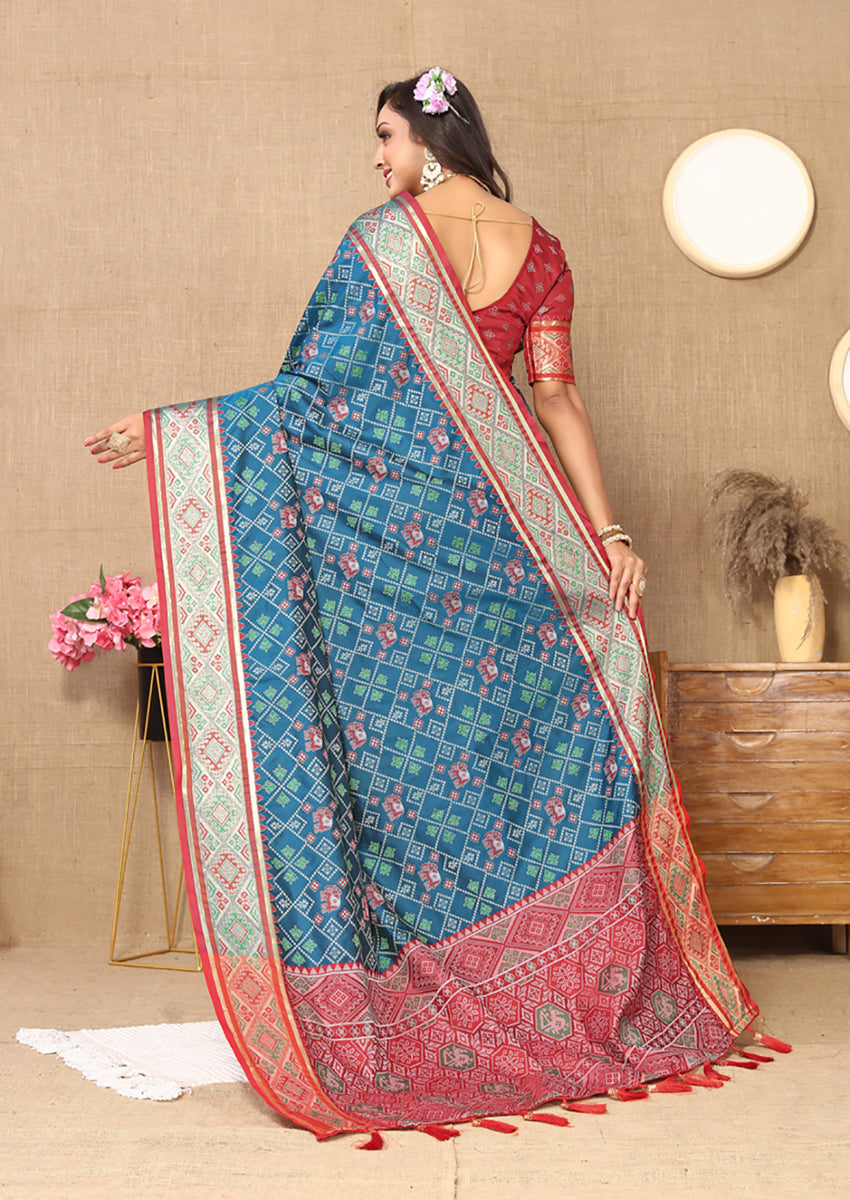 Rama Patola Silk Saree with Zari Meenakari Woven Pallu