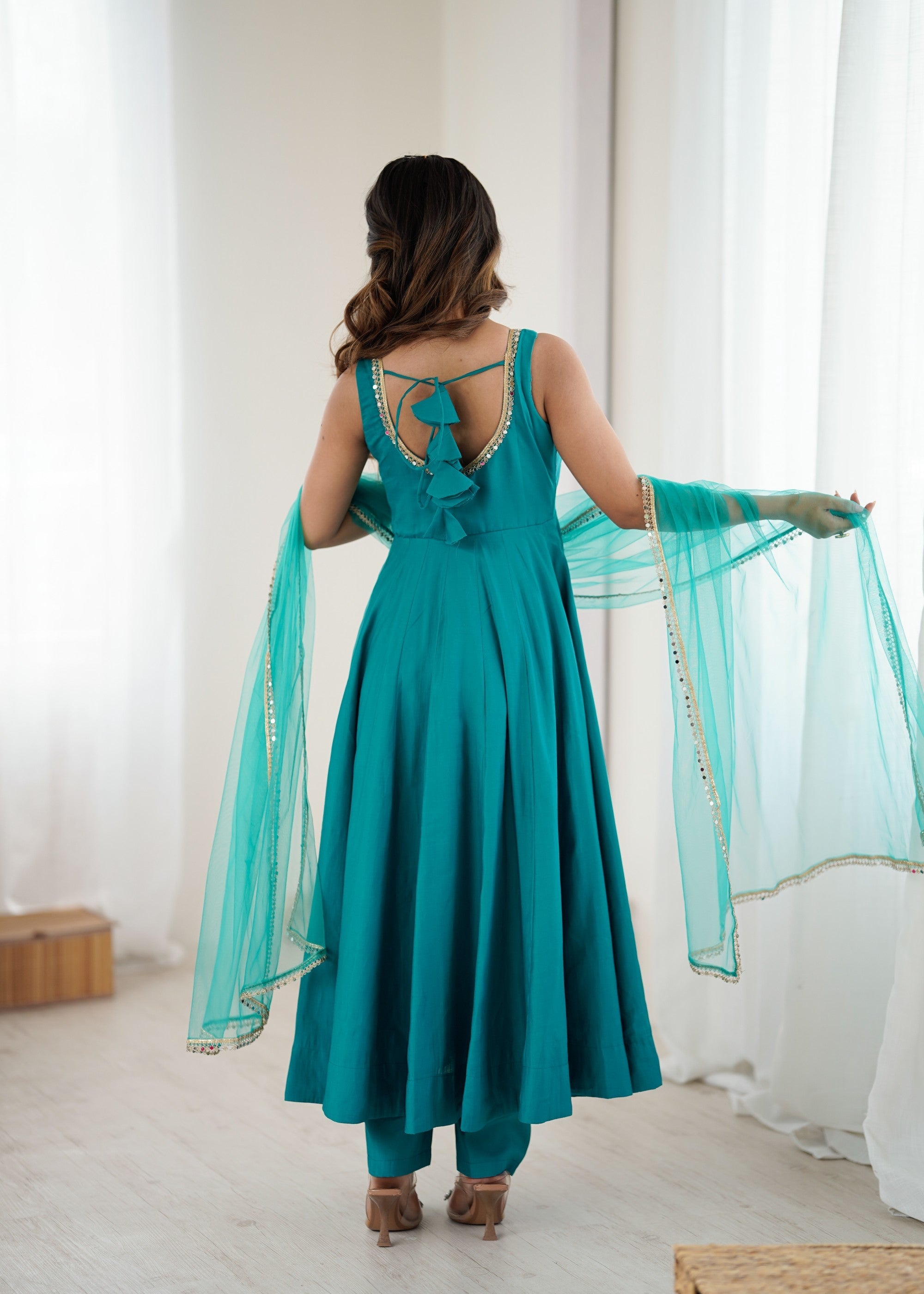 Rama Pure Roman Silk Chanderi Anarkali Kurta Set with Lace Work