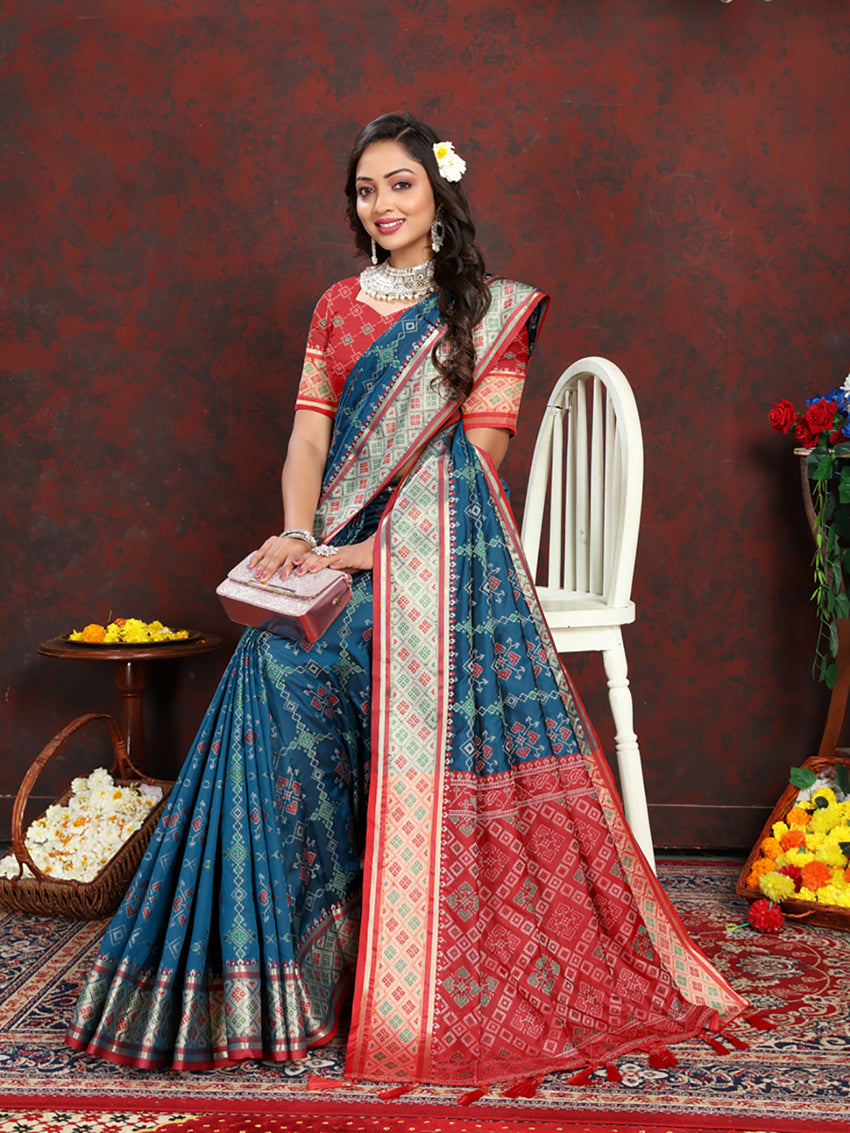 Rama Patola Silk Saree with Geometric Zari Meenakari Pallu