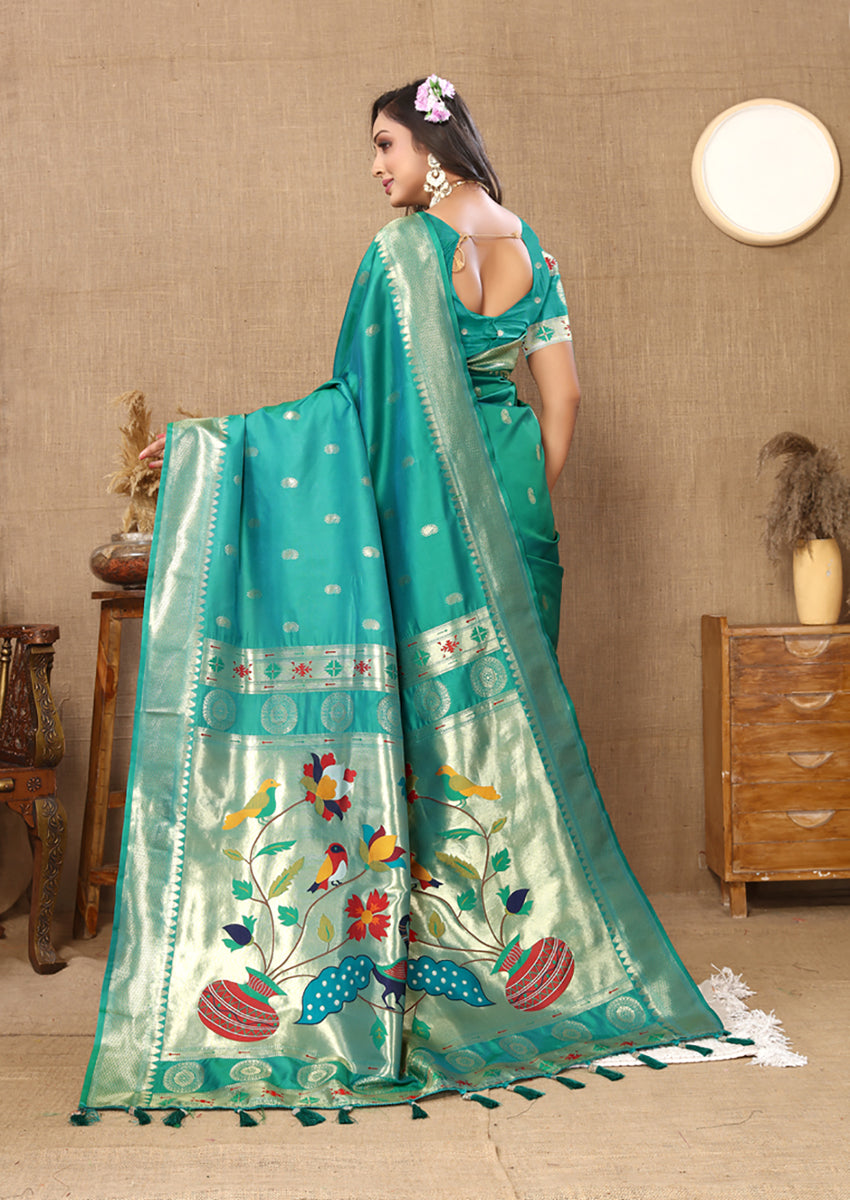 Rama Soft Paithani Silk Saree with Zari Meenakari Weaving