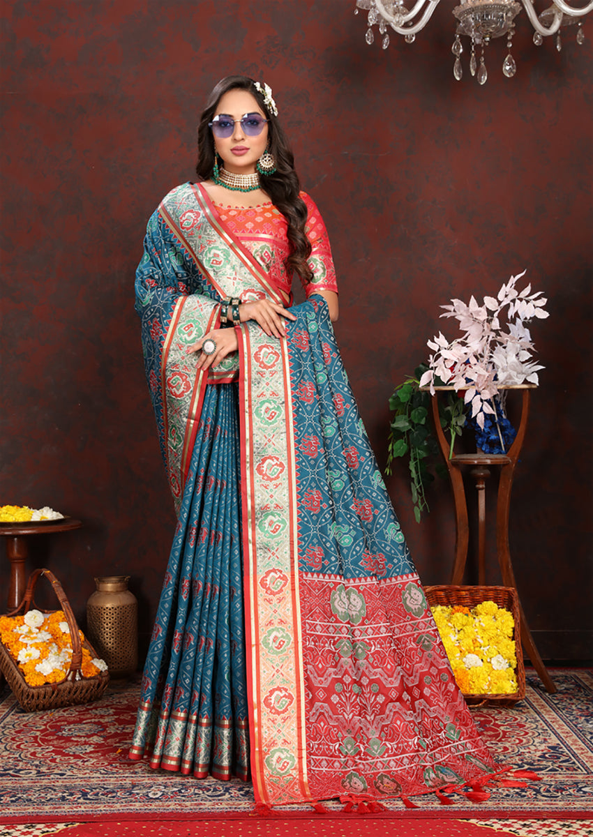 Rama Patola Silk Saree with Zari Meenakari Geometric Weaving