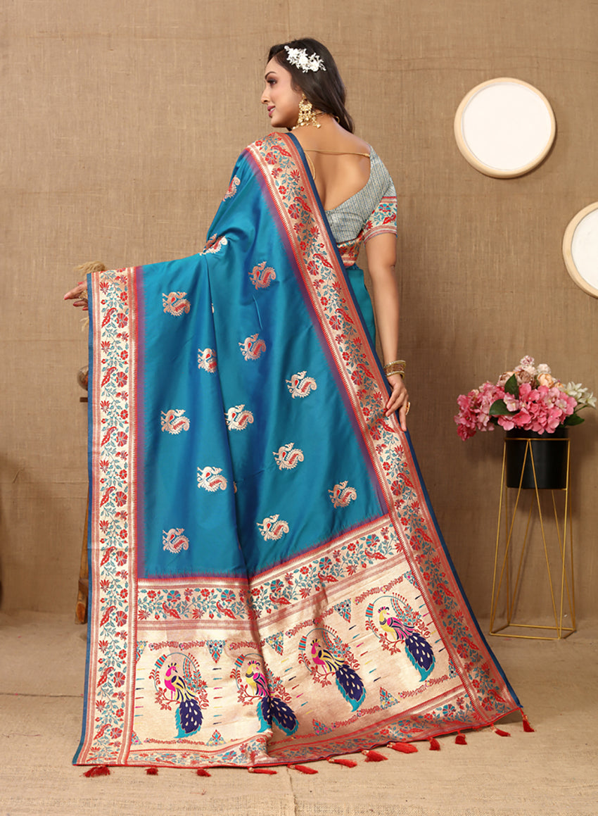 Rama Soft Paithani Silk Saree with Rich Meenakari Zari