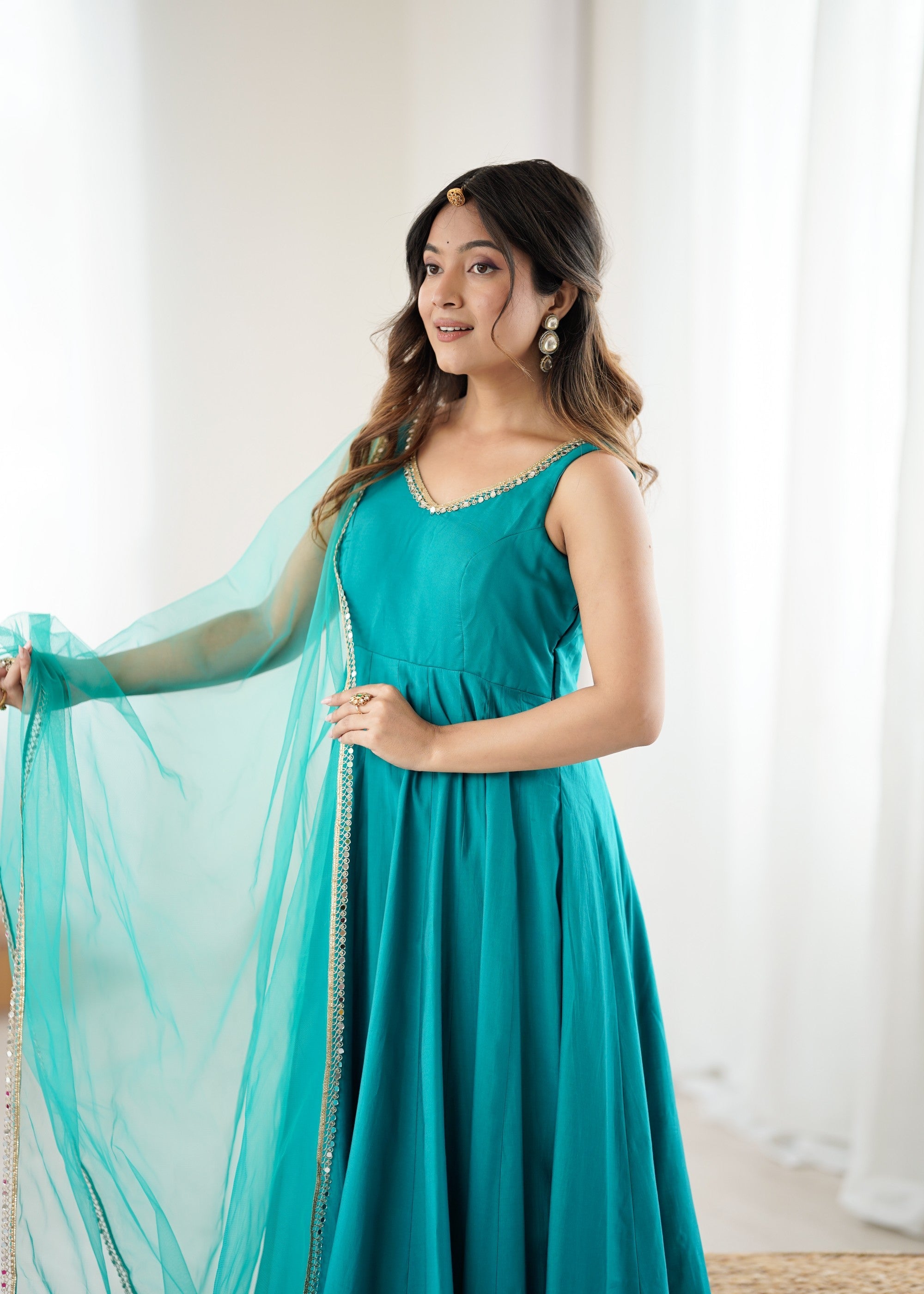 Rama Pure Roman Silk Chanderi Anarkali Kurta Set with Lace Work