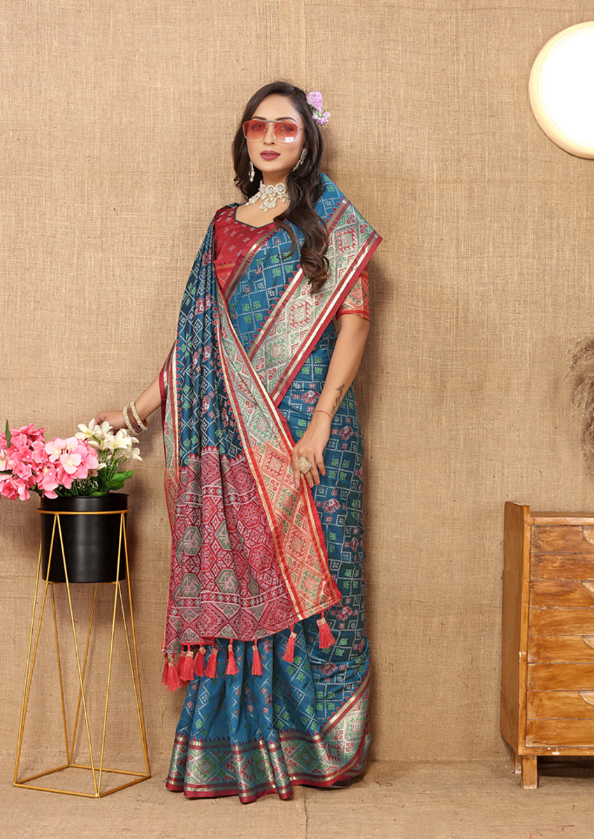 Rama Patola Silk Saree with Zari Meenakari Woven Pallu