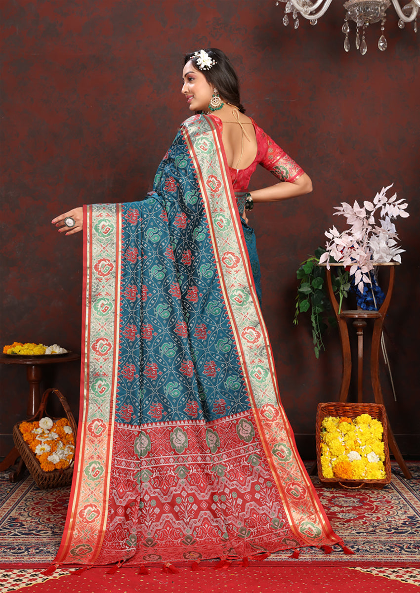 Rama Patola Silk Saree with Zari Meenakari Geometric Weaving