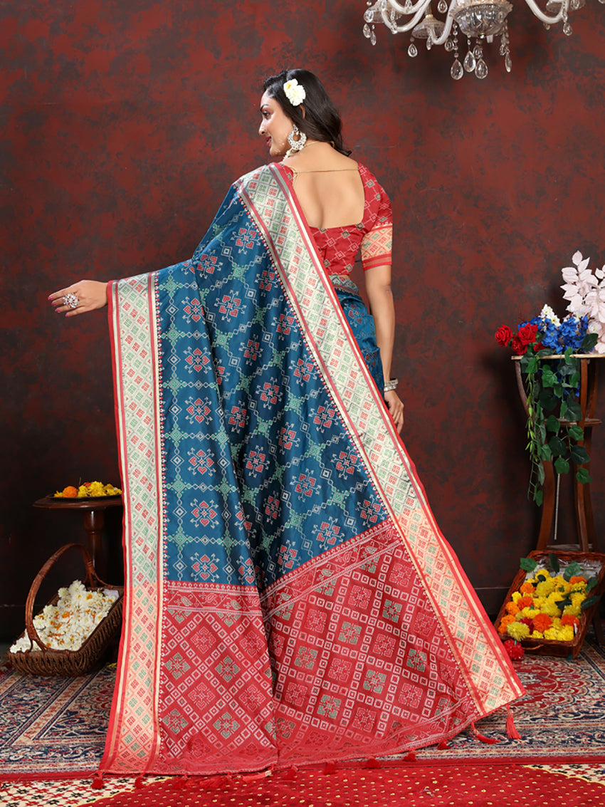 Rama Patola Silk Saree with Geometric Zari Meenakari Pallu