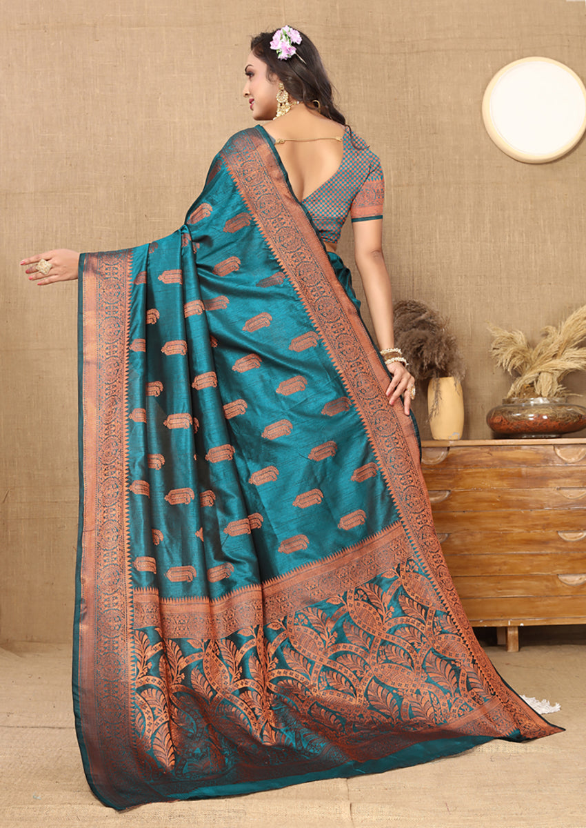 Rama Soft Katan Silk Saree with Copper Zari Weaving and Pallu