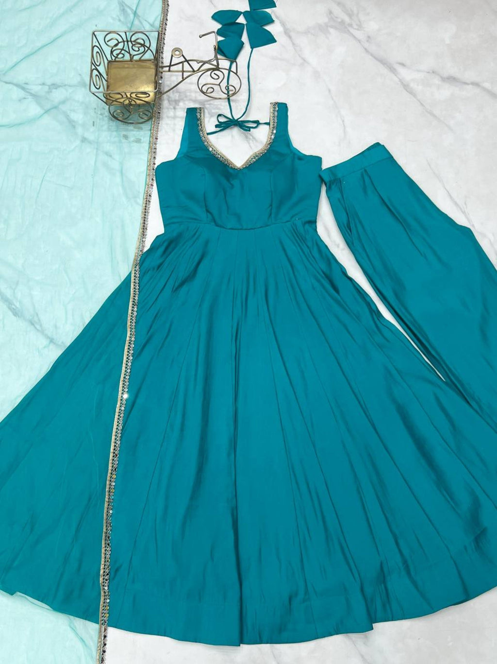 Rama Pure Roman Silk Chanderi Anarkali Kurta Set with Lace Work