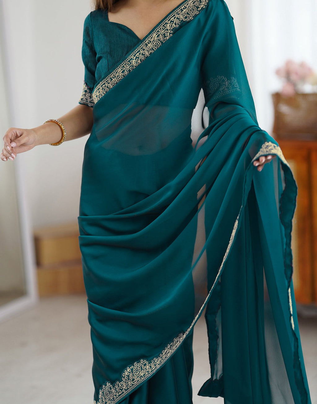Lorenvalley Fashion Rama Rangoli Silk with Coding Lace Work Saree with Blouse