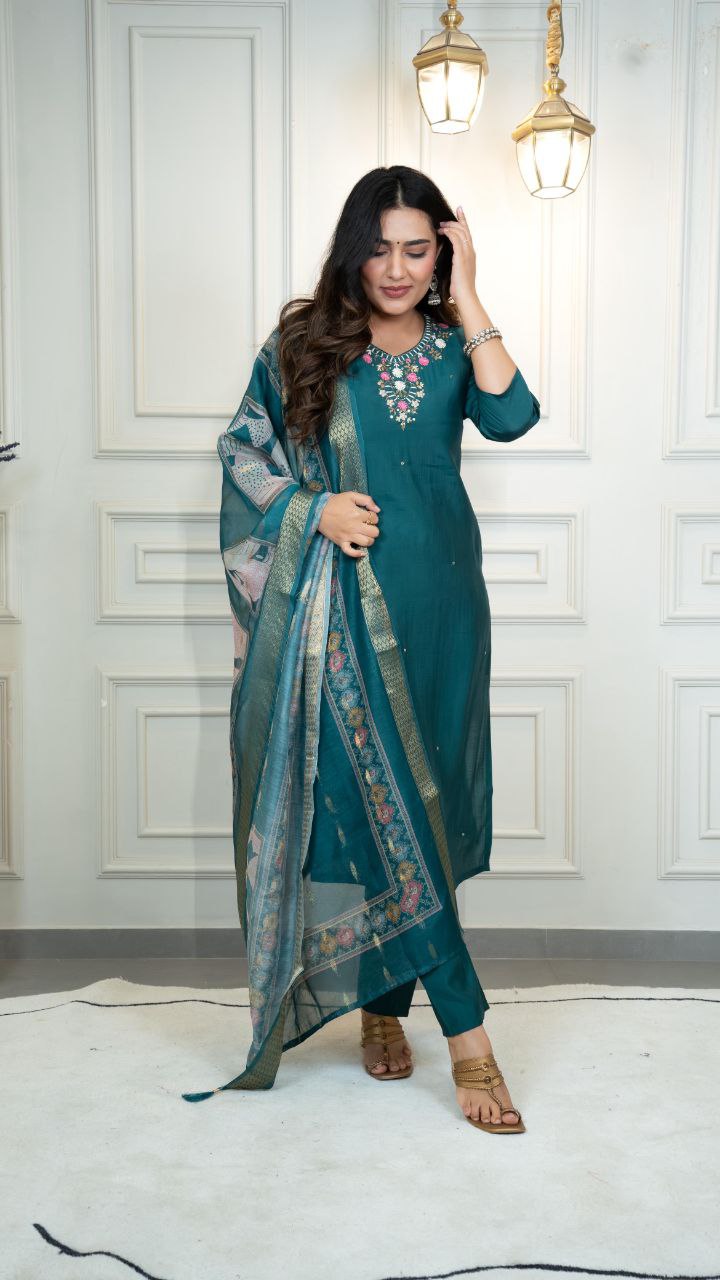 Lorenvalley Fashion Rama Roman Silk Hand Work Kurta Pant with Dupatta