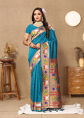 Rama teal Paithani silk saree with rich gold zari Meenakari weaving