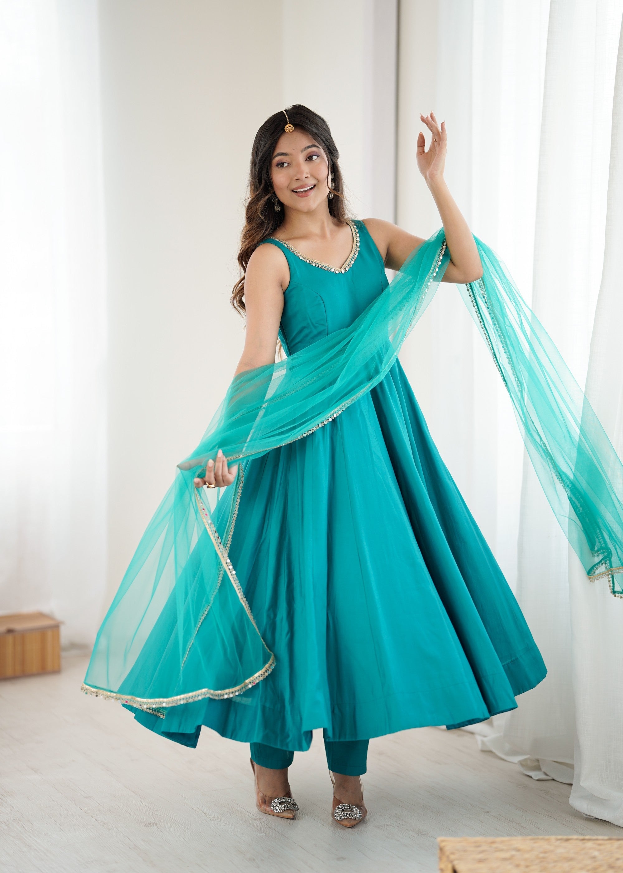 Rama Pure Roman Silk Chanderi Anarkali Kurta with fancy lace yoke work and matching dupatta