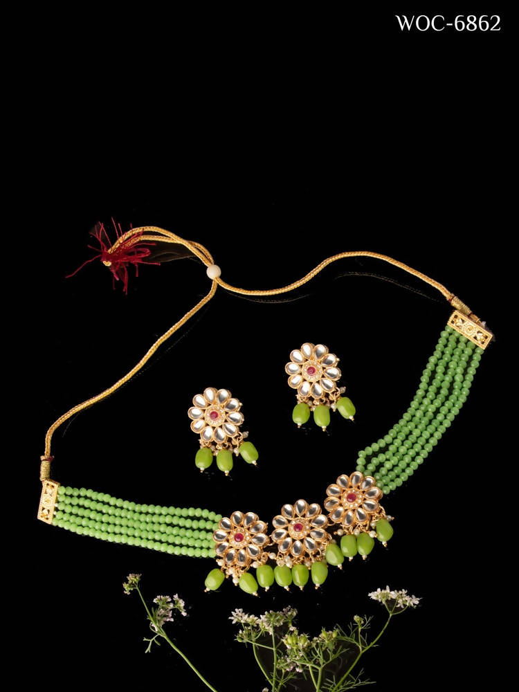 Johar Kamal Pista Beads and Pearl Gold-Polished Jewellery Set