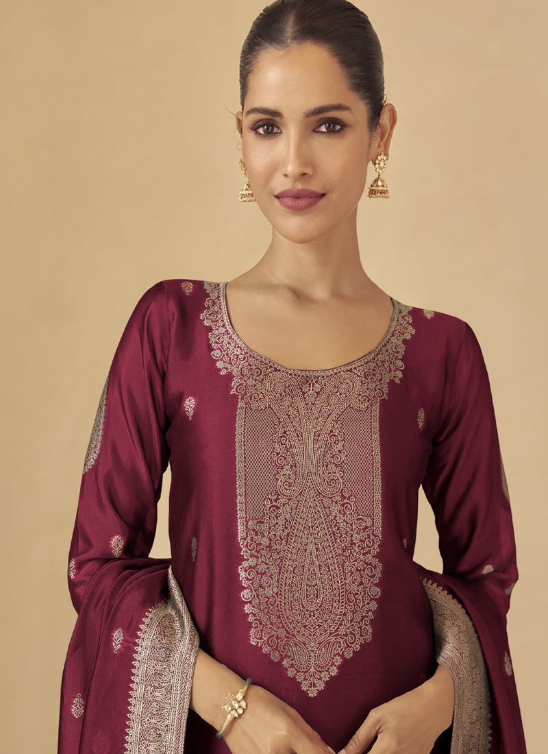 Vegaa Fashion Maroon Viscose Silk Jacquard Wedding Wear Salwar Suit
