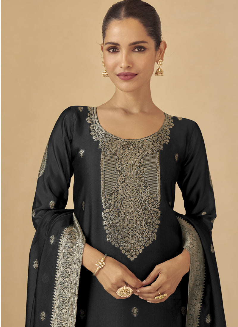 Black Viscose Silk Jacquard Salwar Suit with Gota Patti & Embroidery