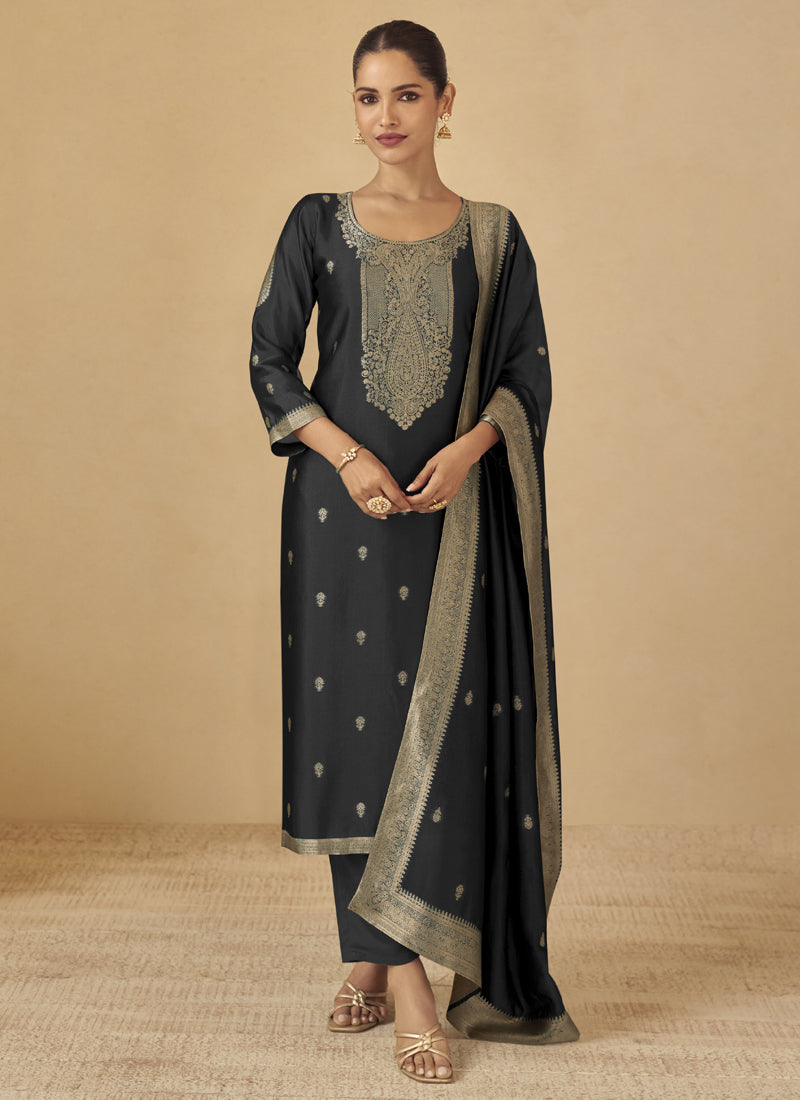 Black Viscose Silk Jacquard Salwar Suit with intricate gold gota patti and embroidery