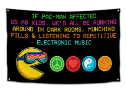 Neon-colored wall flag featuring Pac-Man wearing rainbow rave goggles and festival-inspired text.