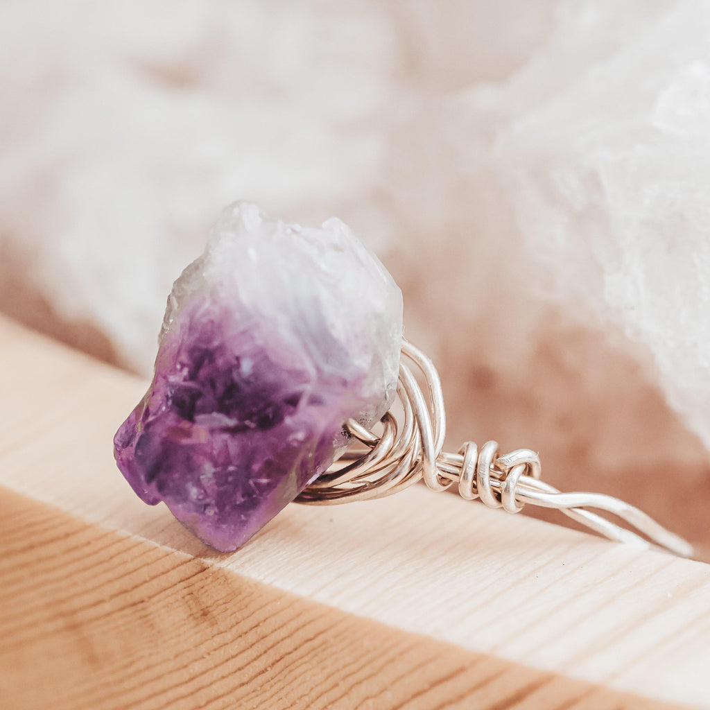 Raw Purple Amethyst Wire Wrapped Statement Ring