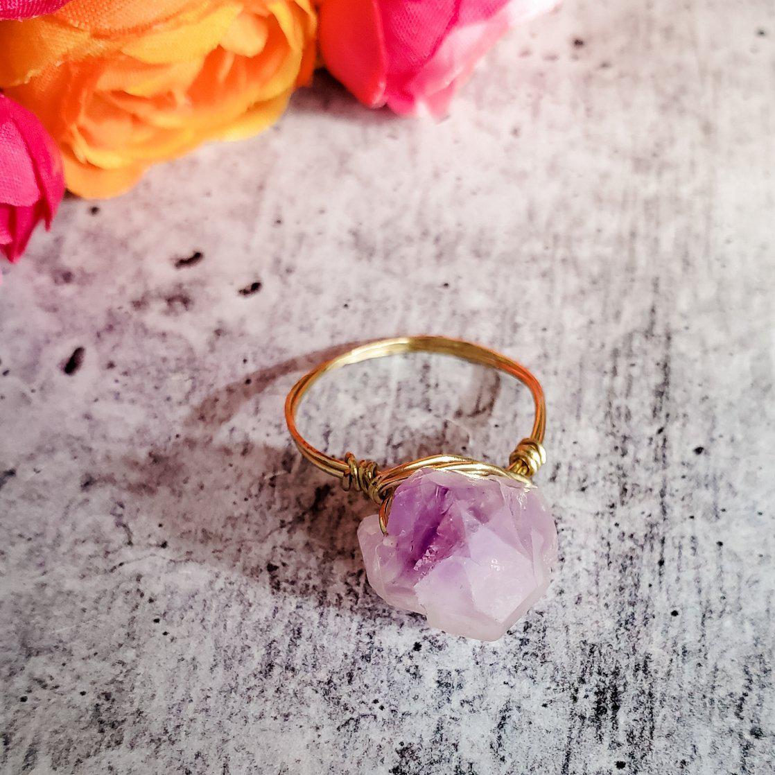 Raw Purple Amethyst Wire Wrapped Statement Ring