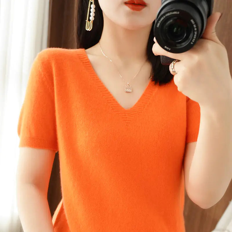 Women's Short Sleeve V-Neck Knit Sweater in Beige - Image 18
