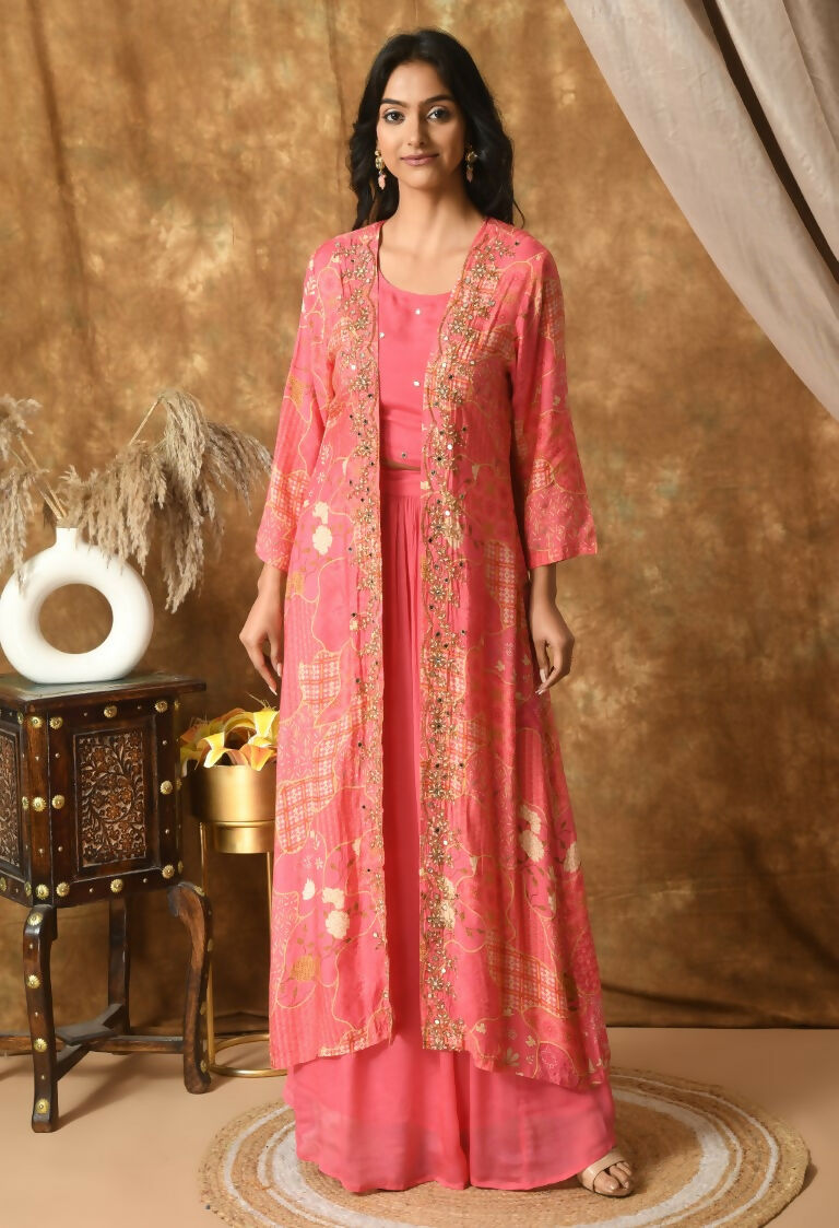 Pink Maslin Kurta Set with Chinnon Bottom and Organza Dupatta