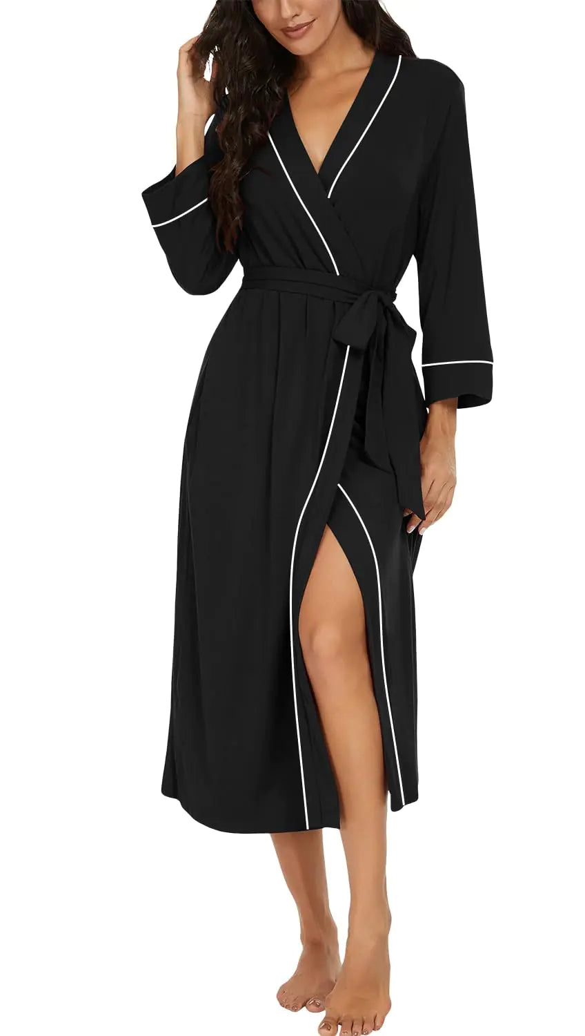 PrinStory Womens Robe Long Kint Bathrobe Lightweight Soft Robes Ladies Bath Robe Black-XL