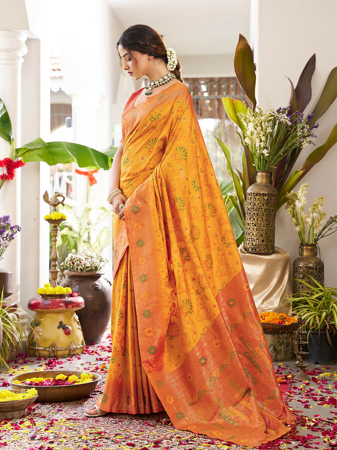 Yellow Soft Silk Saree with Contrast Orange Blouse Piece