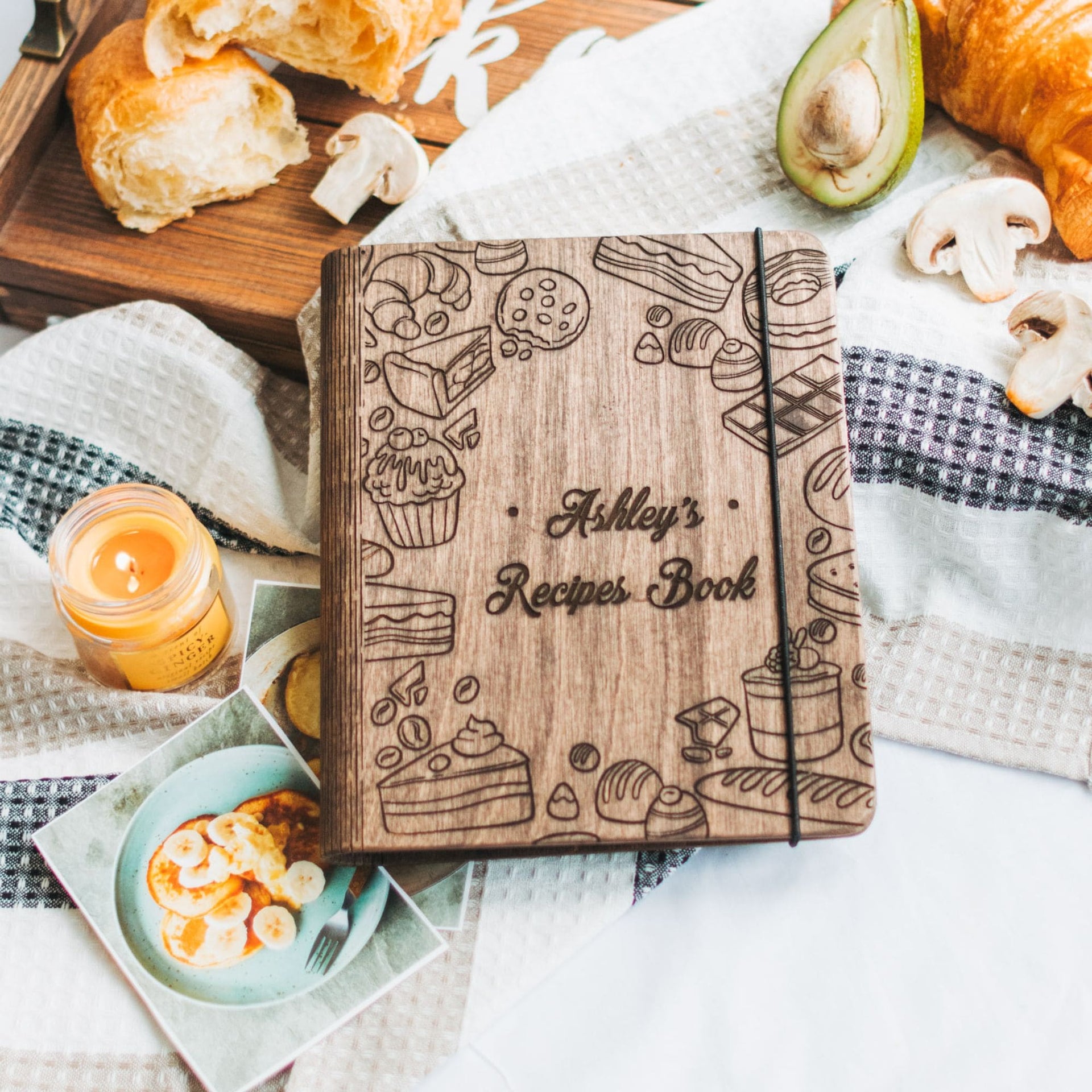 Wooden pastry-themed recipe book for children's kitchen pretend play