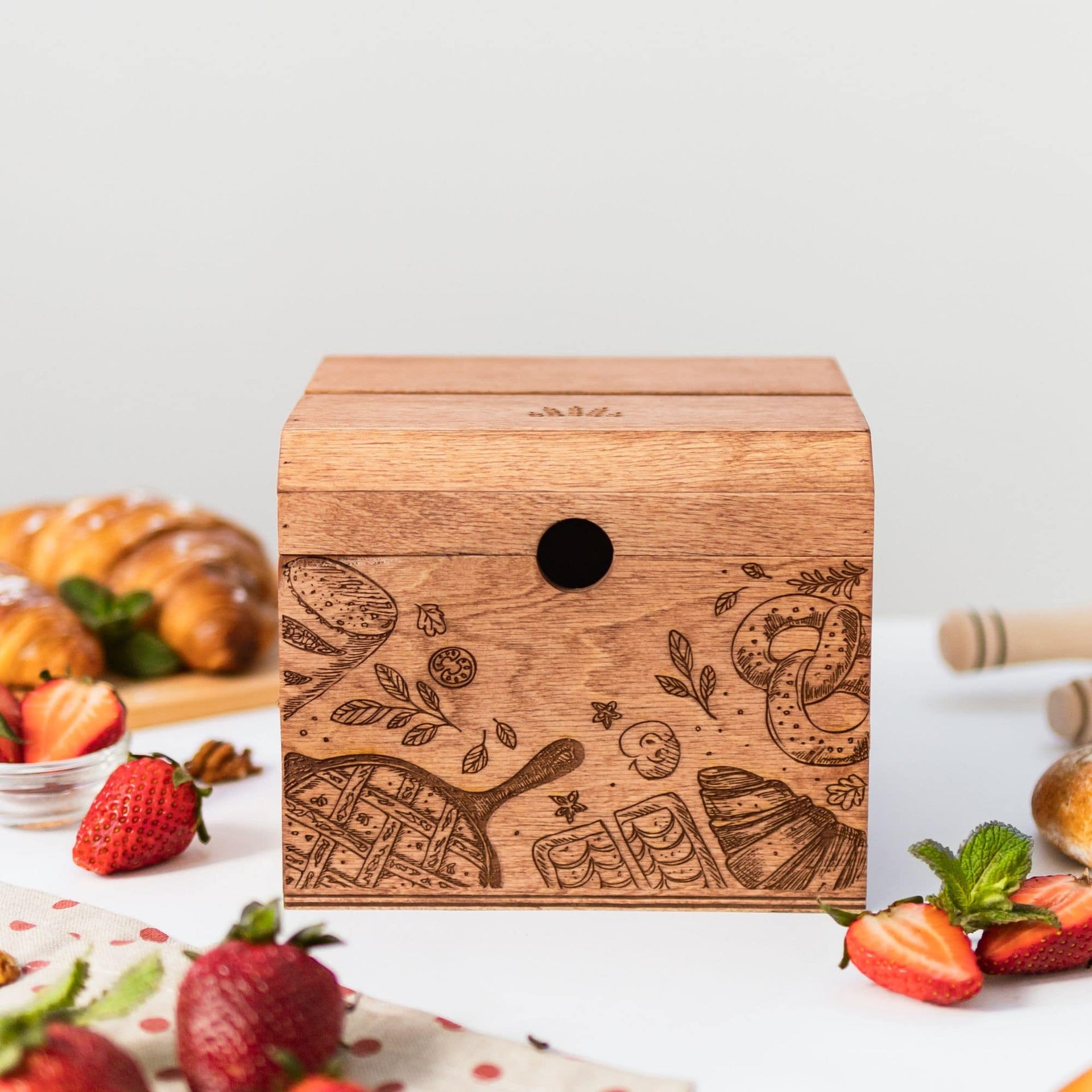 Wooden recipe box with pretzel design for children's play kitchen storage