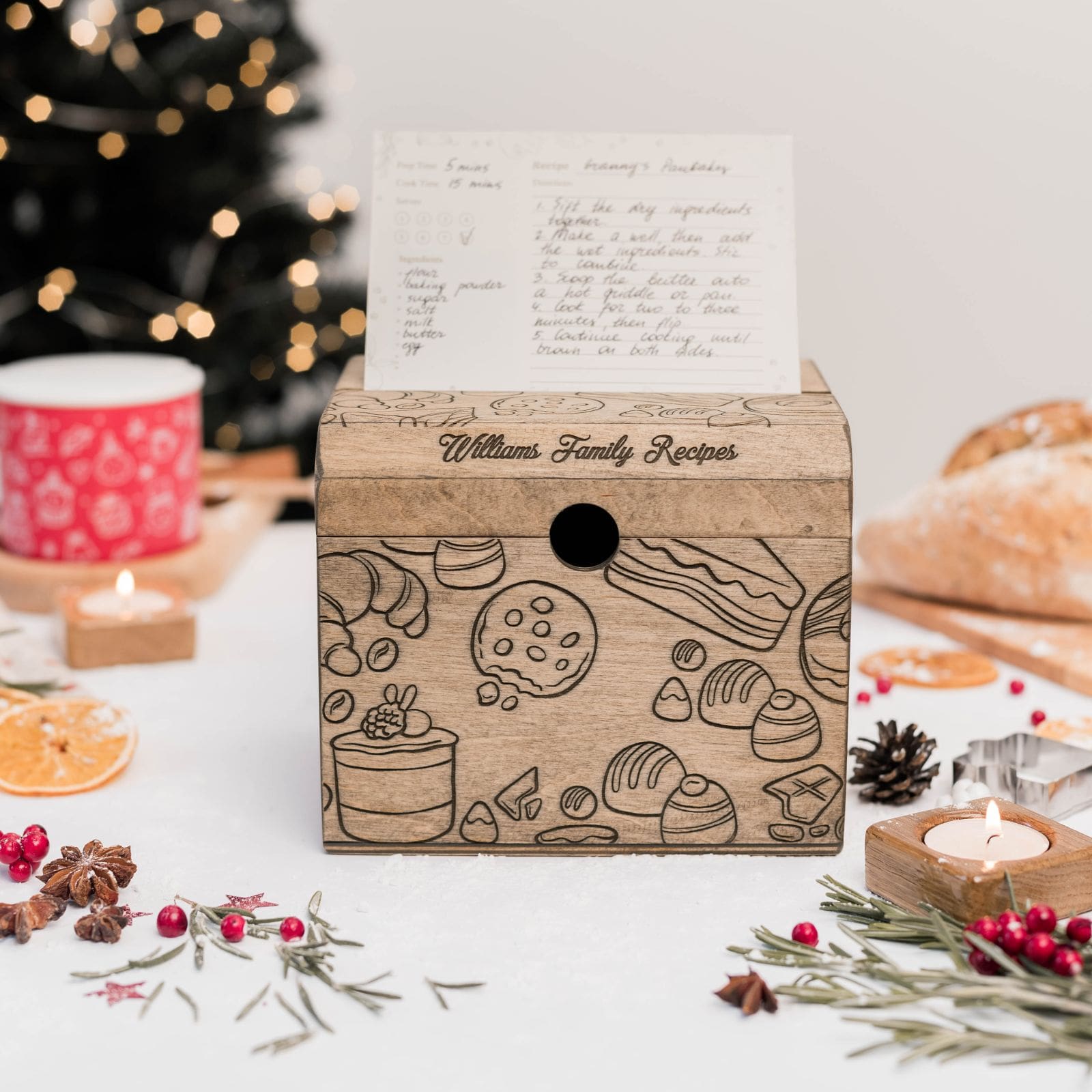 Wooden Recipe Box - Pastries Collection Farmhouse Organizer