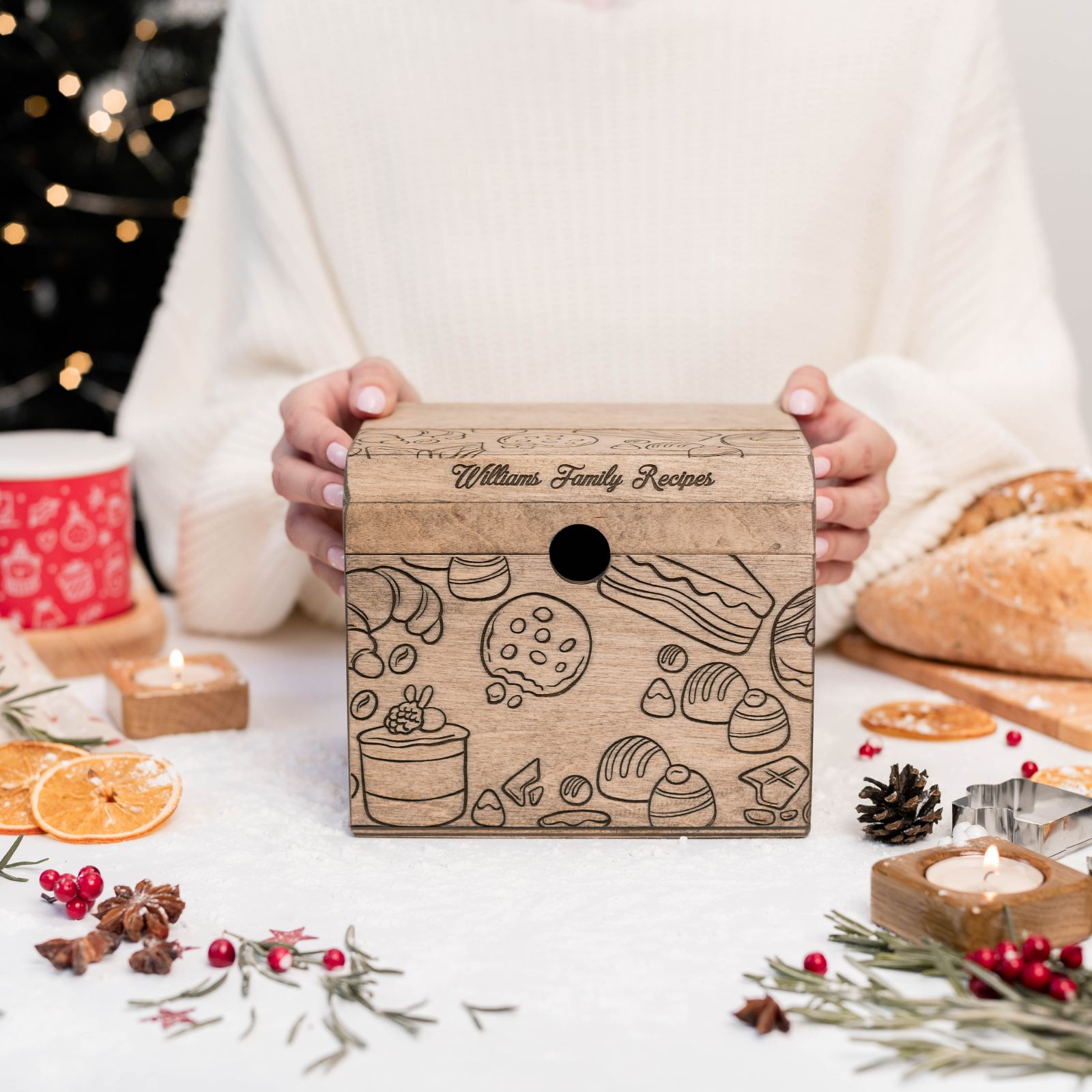Wooden Recipe Box - Pastries Collection Farmhouse Organizer