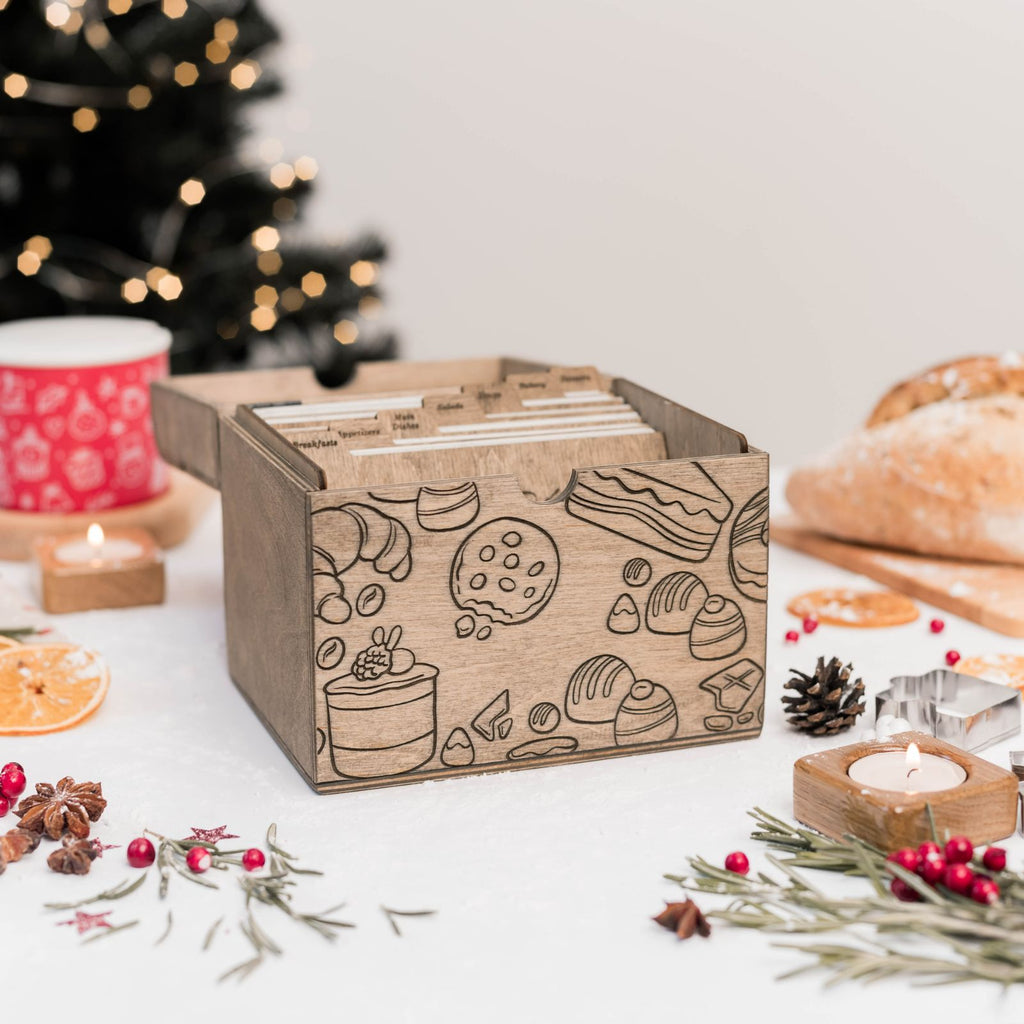 Wooden Recipe Box - Pastries Collection Farmhouse Organizer