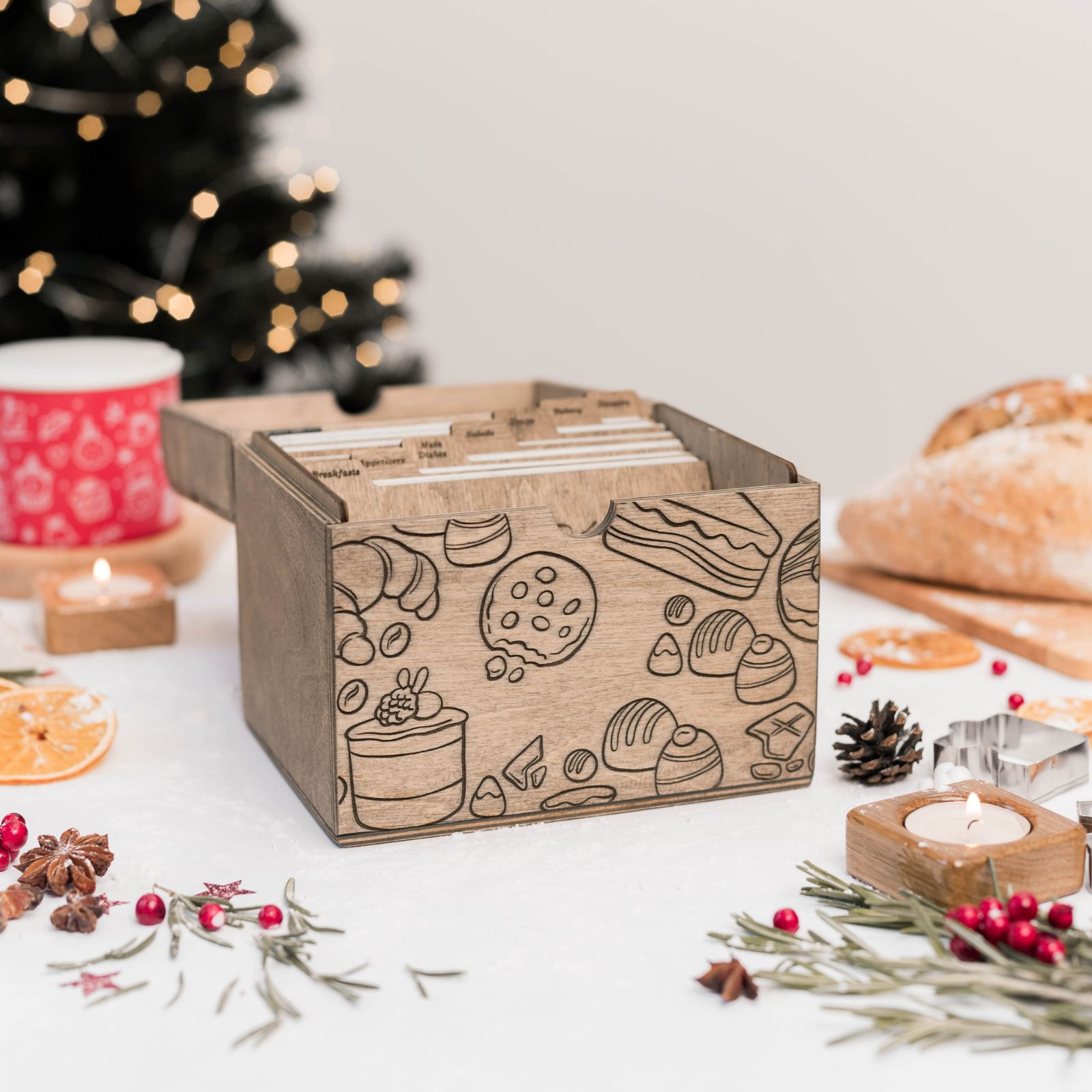 Wooden Recipe Box - Pastries Collection Farmhouse Organizer