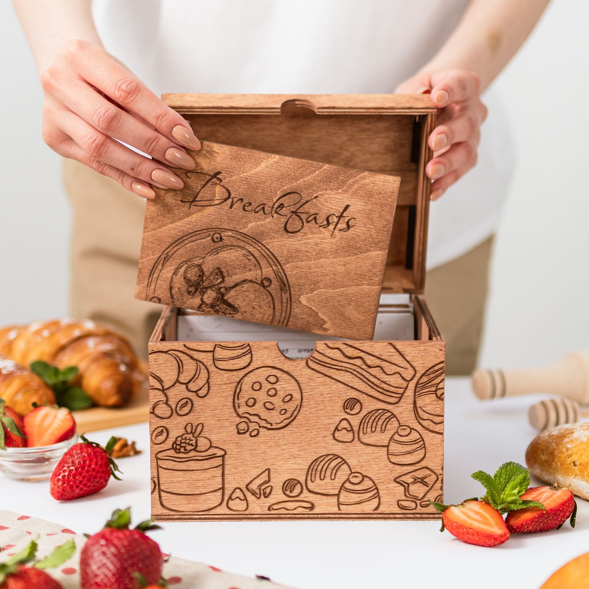 Wooden Recipe Box - Pastries Collection Farmhouse Organizer
