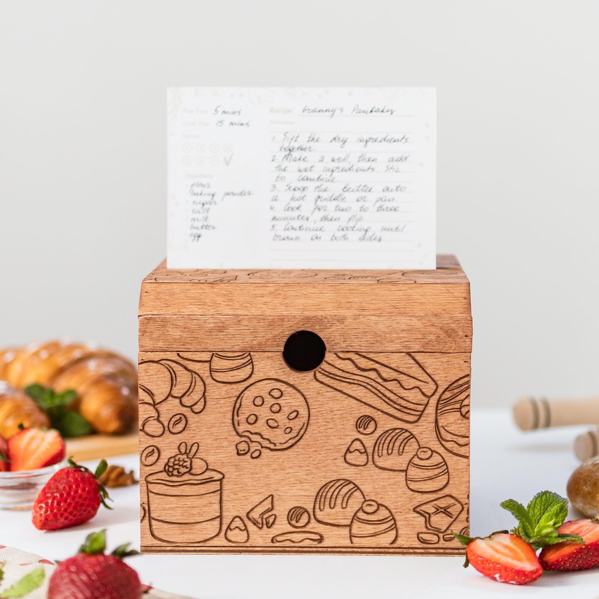 Wooden Recipe Box - Pastries Collection Farmhouse Organizer