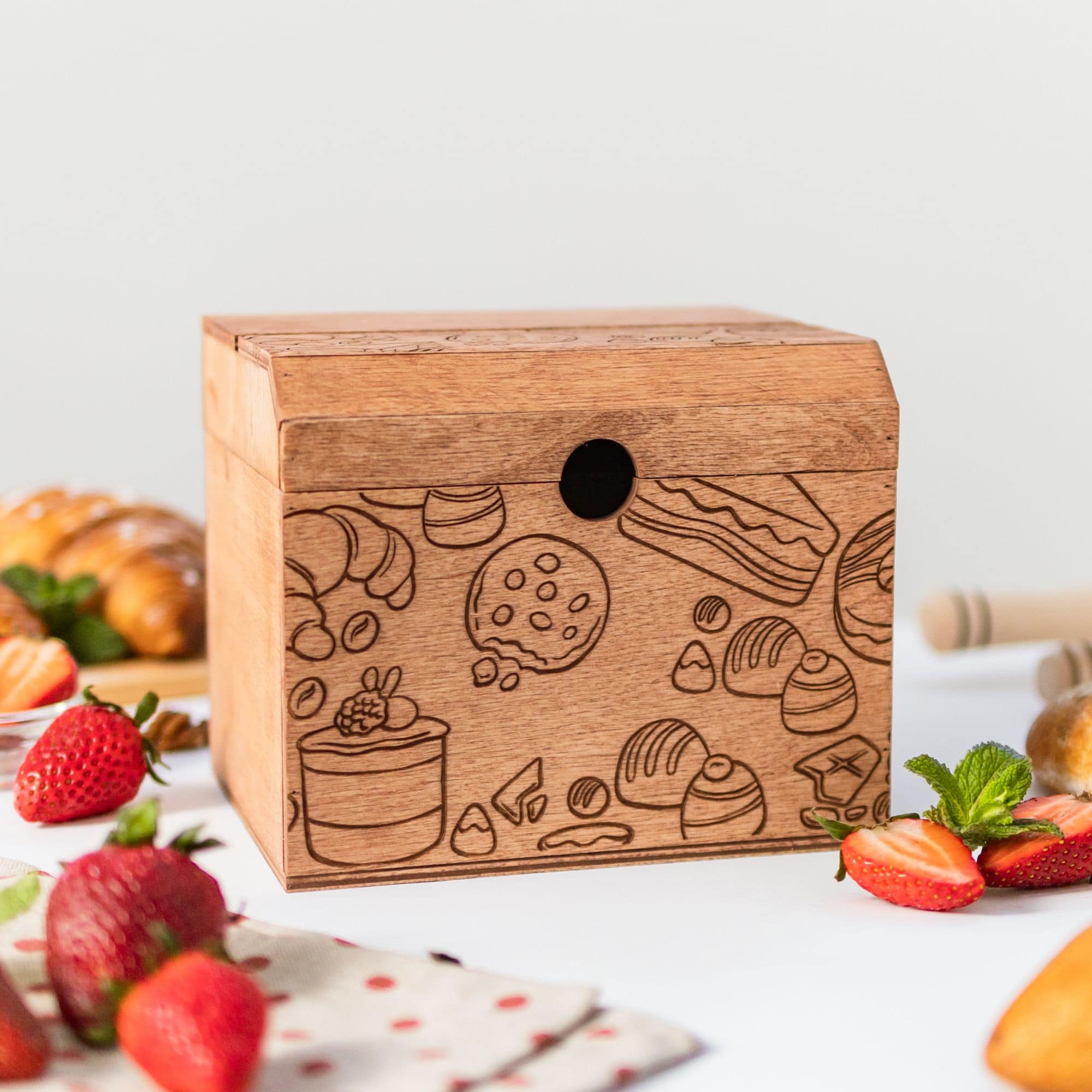Wooden recipe box from the Pastries Collection with a farmhouse aesthetic.