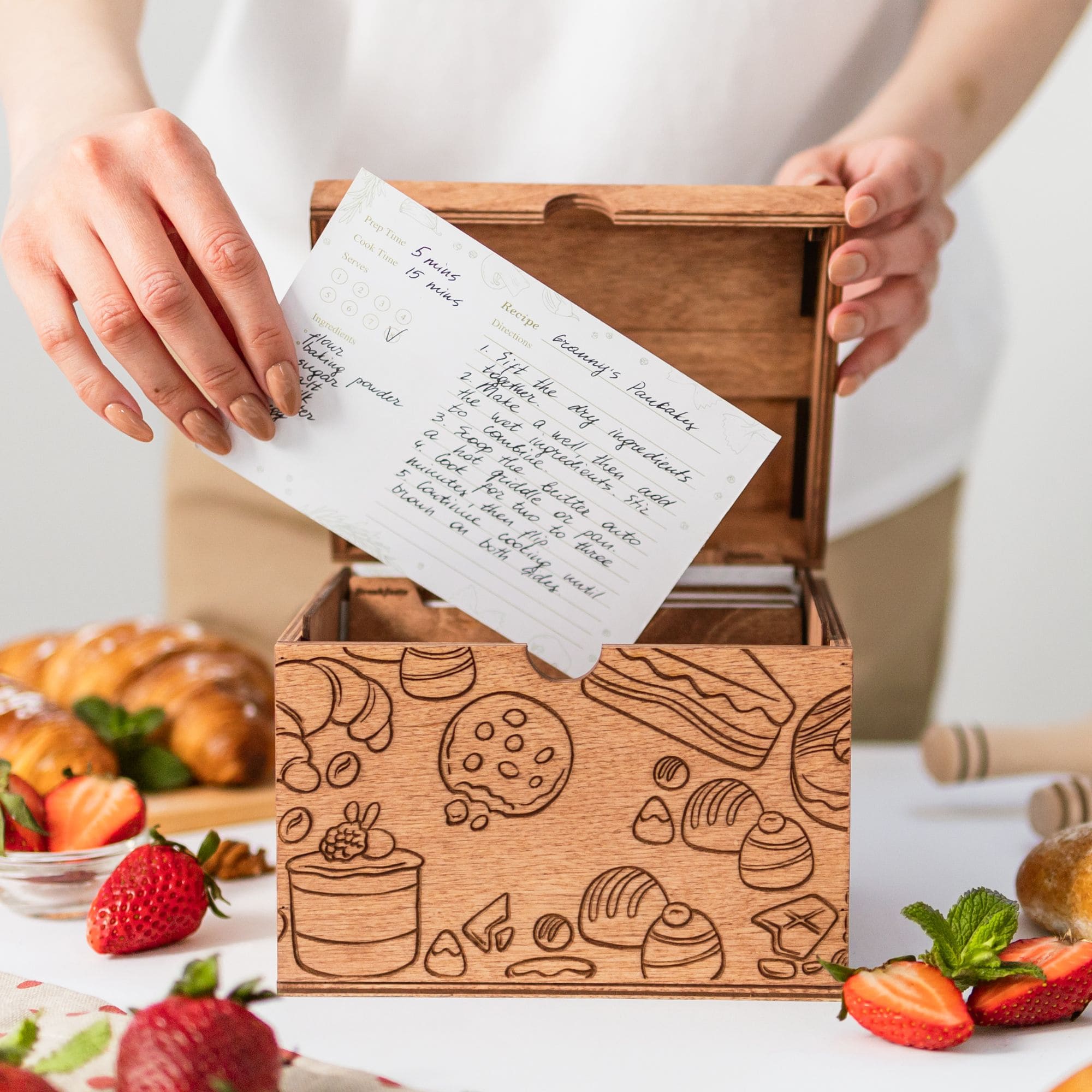 Wooden Recipe Box - Pastries Collection Farmhouse Organizer