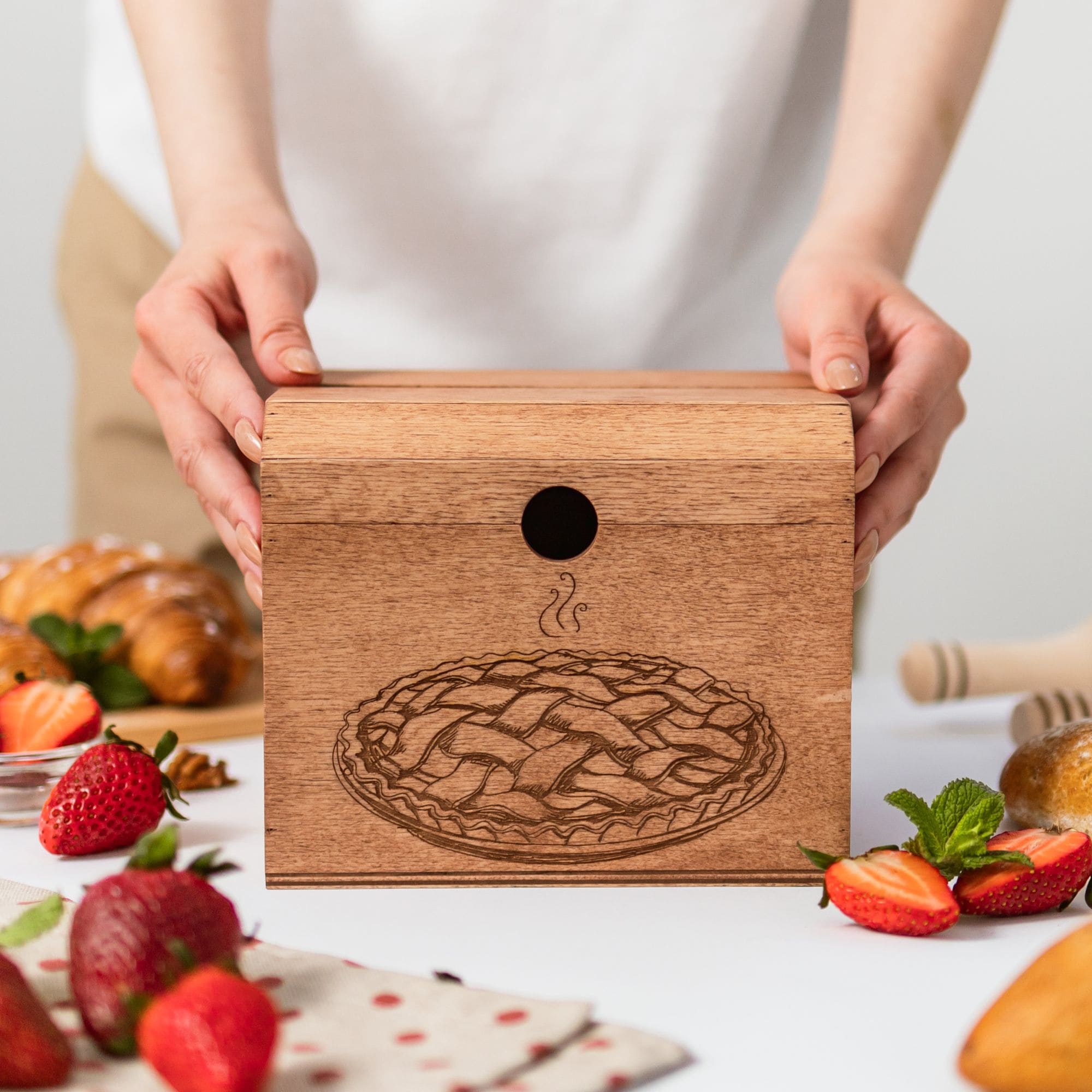 Traditional brown wooden recipe box featuring a Pies & Desserts design label.