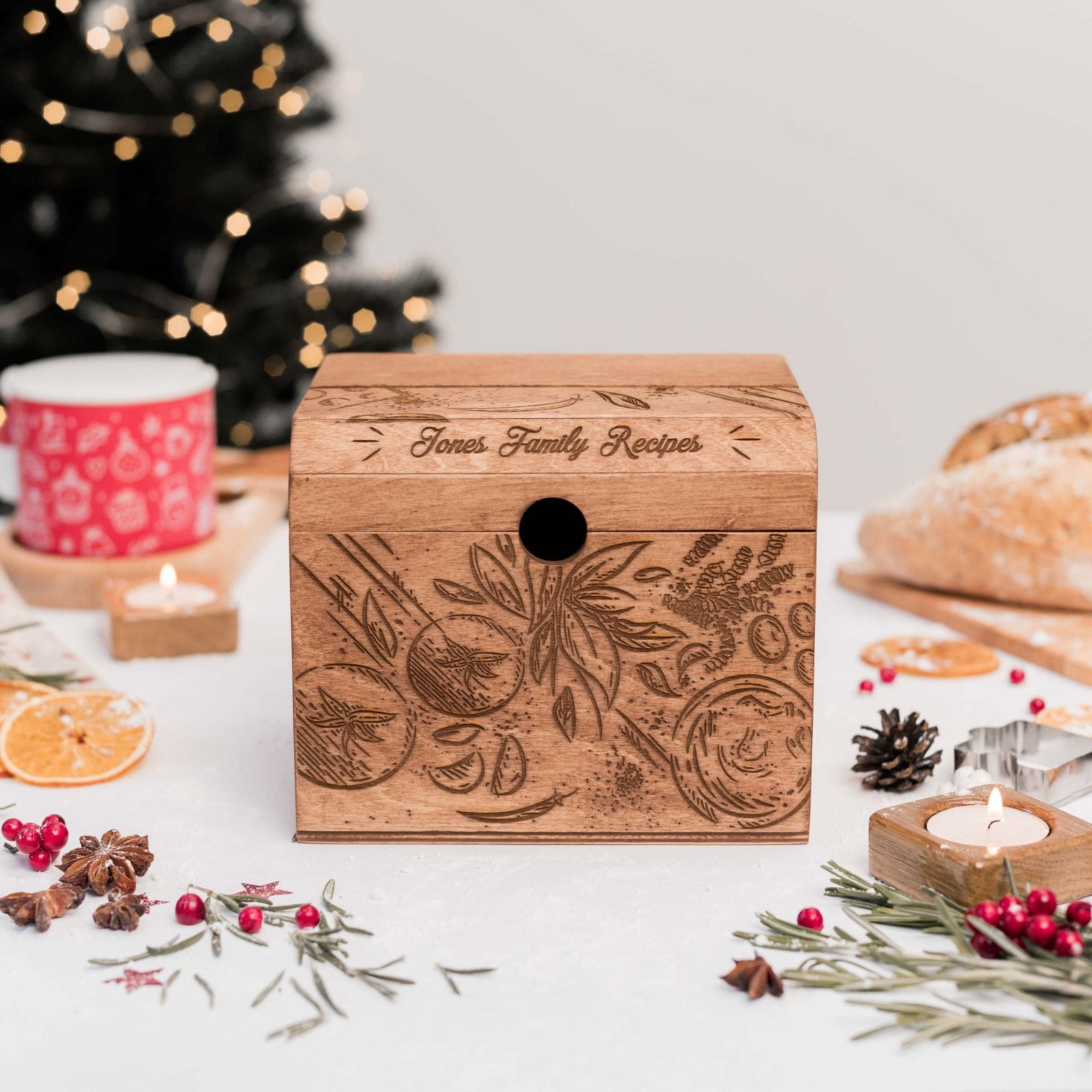 Wooden Recipe Box with Tomato Design - Farmhouse Kitchen Storage