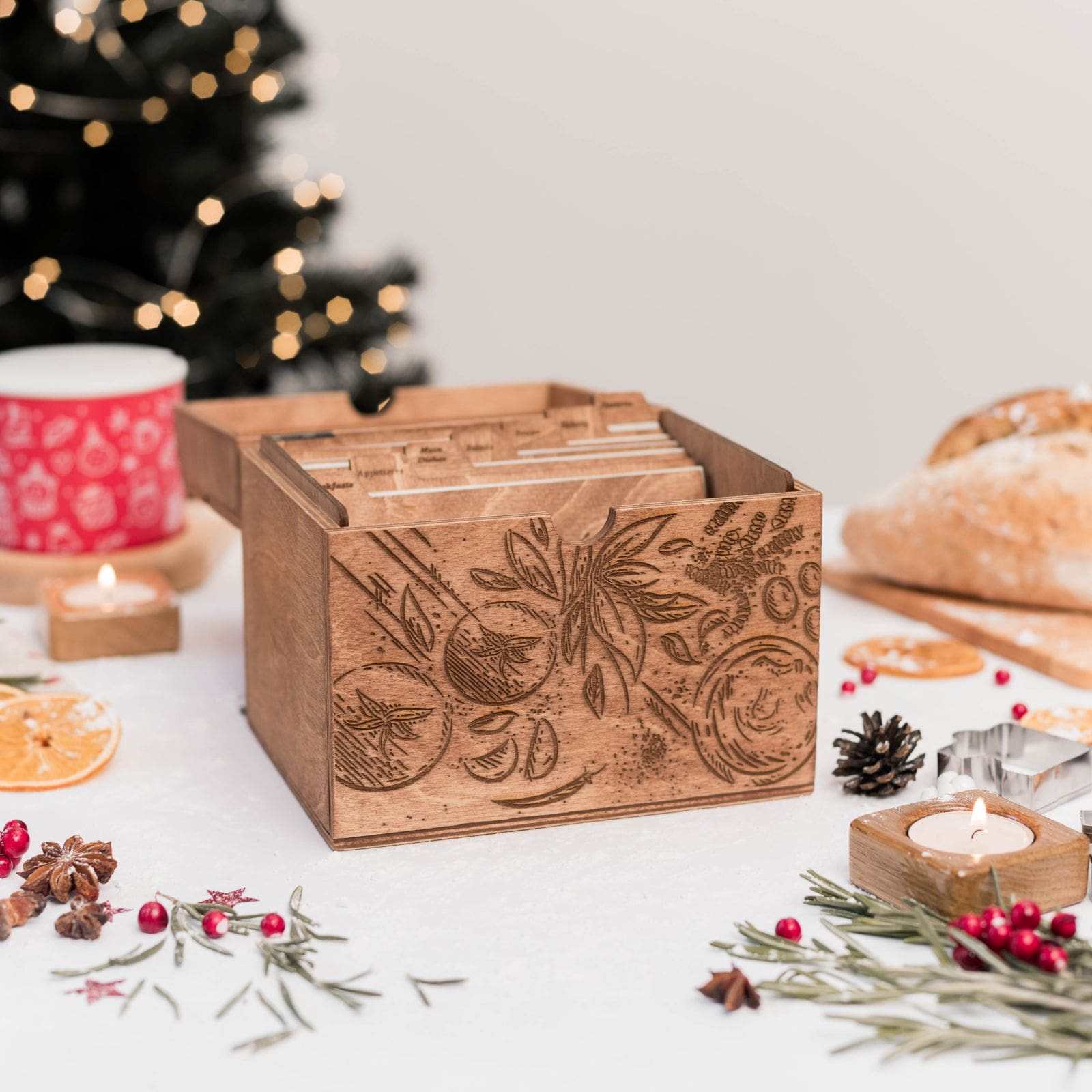 Wooden Recipe Box with Tomato Design - Farmhouse Kitchen Storage