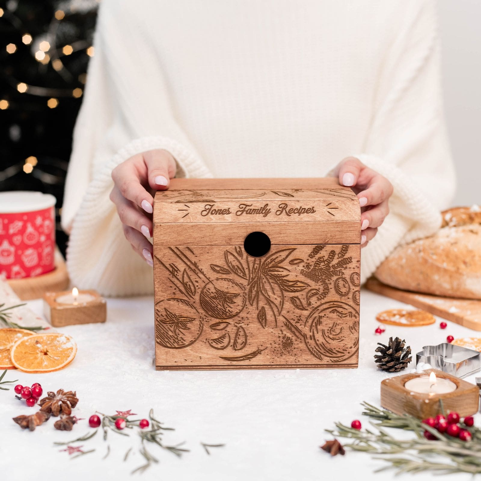 Wooden Recipe Box with Tomato Design - Farmhouse Kitchen Storage