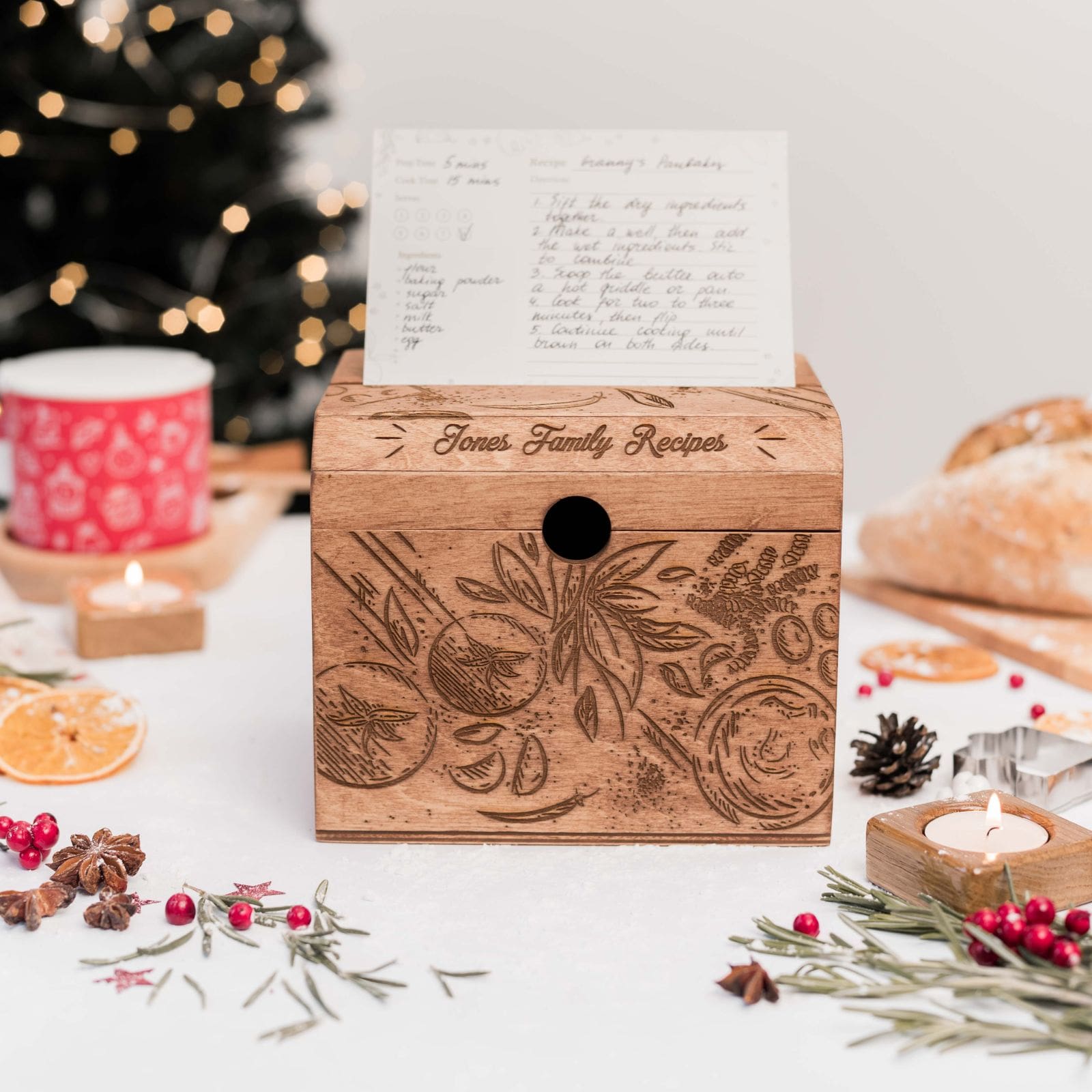 Wooden Recipe Box with Tomato Design - Farmhouse Kitchen Storage