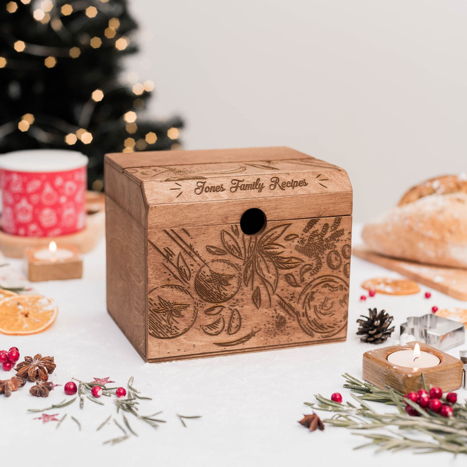 Wooden Recipe Box with Tomato Design - Farmhouse Kitchen Storage