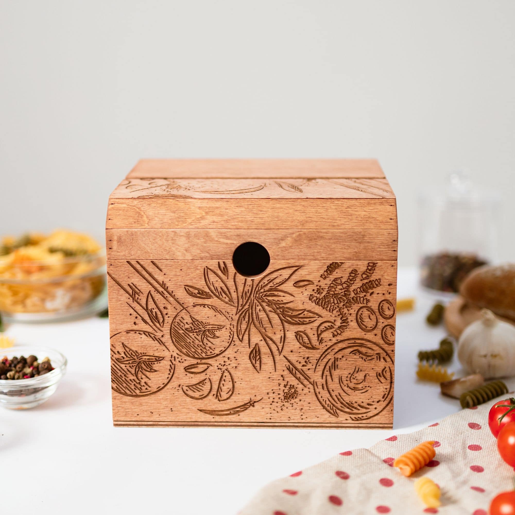 Wooden Recipe Box with Tomato Design - Farmhouse Kitchen Storage